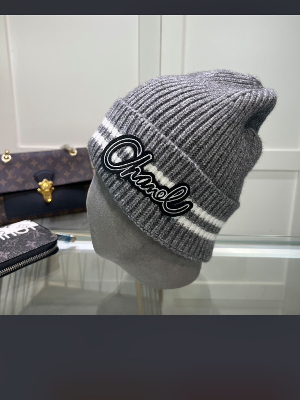 Gray White Winter Fashion Letter C Cursive Spellout Ribbed Beanie Hat